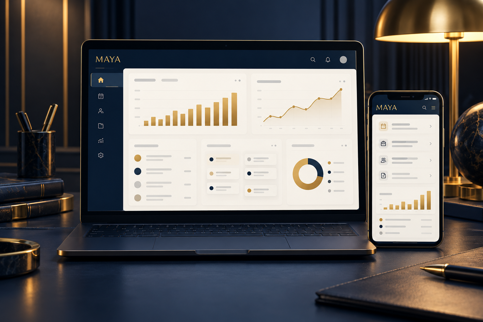 Apresentação conceitual de acesso à gestão em notebook e celular